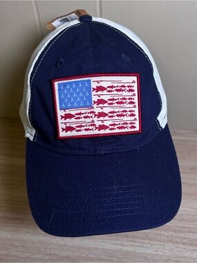 Field & Stream Navy Blue and White Trucker Hat with Red Fish Flag Patch